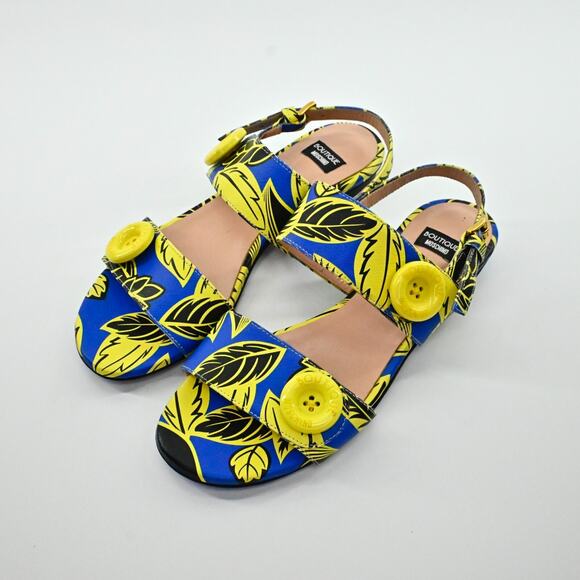 MOSCHINO Sandals Womens‎ Size 35 Boutique Blue Yellow Leaf Print Strappy Shoe - Picture 1 of 9